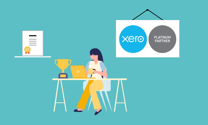 Illustration of black haired woman at desk with 'Xero Platinum Partner' on wall in background